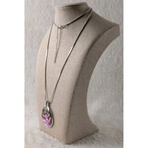 Silver Tone Pink Crystal Statement‎ Necklace Rhinestone Pendant Snake Chain